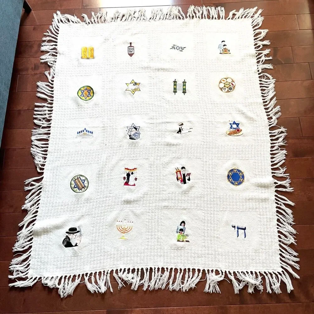 Jewish Themed Blanket White with 20 Individual‎ Embroidered Symbols Fringe